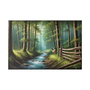 A deer by a stream in a forest.