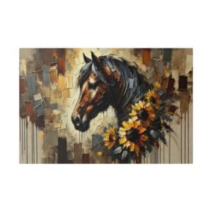 Abstract painting of a brown horse with sunflowers.