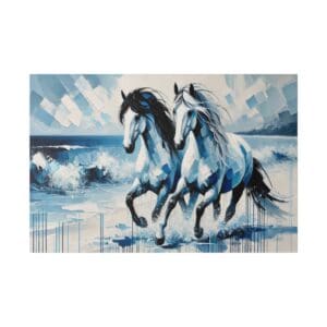 Two white horses running on a blue beach.