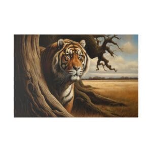 Tiger peering from behind a tree.