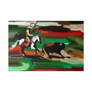 Cowboy on horseback lassoing a bull.