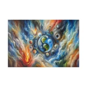 Abstract planets and swirling colorful clouds.