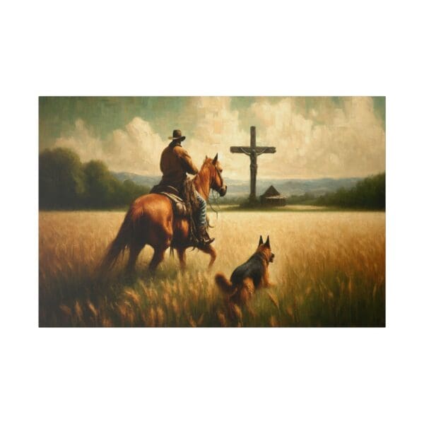 Cowboy on horseback with dog in field near cross.