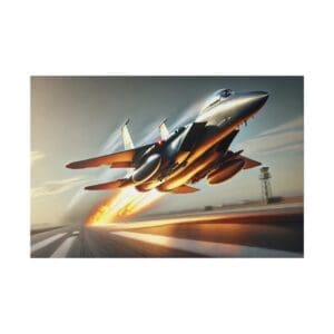 Fighter jet taking off with flames.