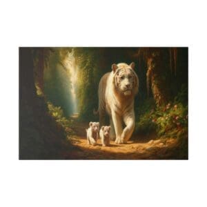 White tiger and cubs walking in forest.