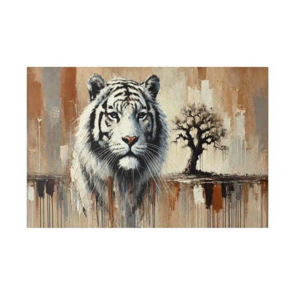 Painting of a white tiger with a tree.