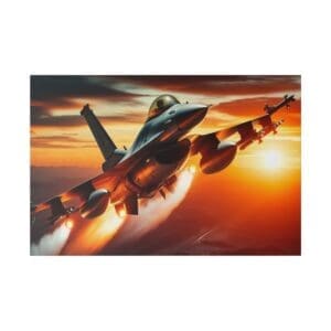 Fighter jet taking off at sunset.