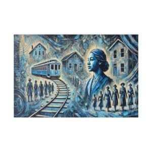 Blue mural of woman and train tracks.