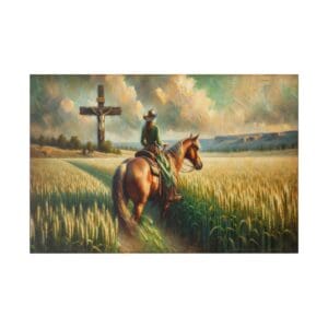 Cowgirl on horseback riding past a cross.