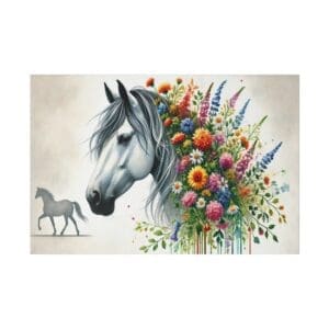 White horse with colorful flower crown.