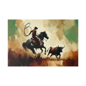 Cowboy on horseback chasing a bull.