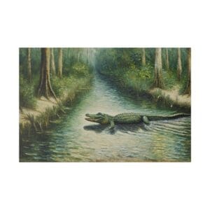 Alligator swimming in a forest stream.