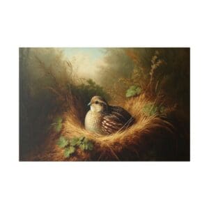 A quail sits in a nest of hay.