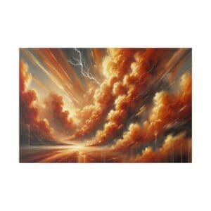 Painting of a dramatic sunset with lightning.