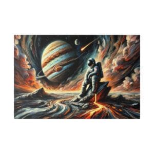 Astronaut sitting on a rock with Jupiter in the background.