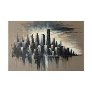 Abstract painting of a cityscape skyline.