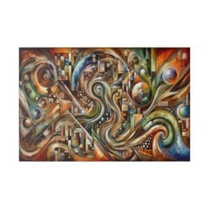 Abstract painting with swirling shapes and colors.