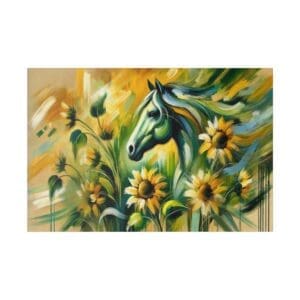 Abstract painting of a horse and sunflowers.