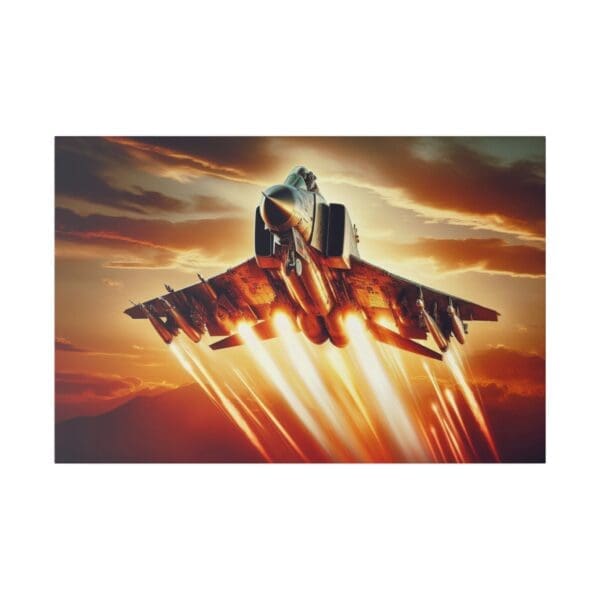 F-4 Phantom jet taking off at sunset.