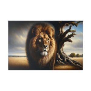 Majestic lion with a tree in the background.