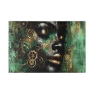 Abstract portrait with gold gears and green background.