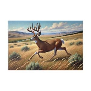 A buck deer running through tall grass.