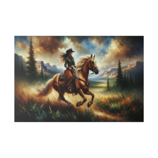 Cowgirl riding a horse through a field.