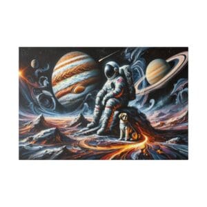 Astronaut and dog on an alien planet.