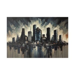 Painting of Houston skyline with reflection.
