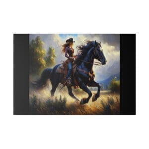 Cowgirl riding a black horse through a field.