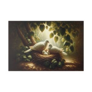 Two white doves in a nest with eggs.