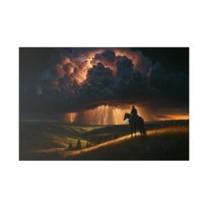 Rider on hill under dramatic stormy sky.