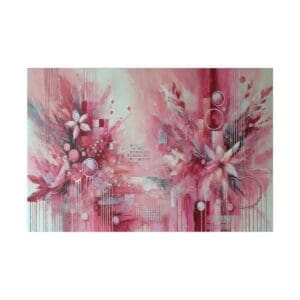 Abstract pink painting with floral elements.