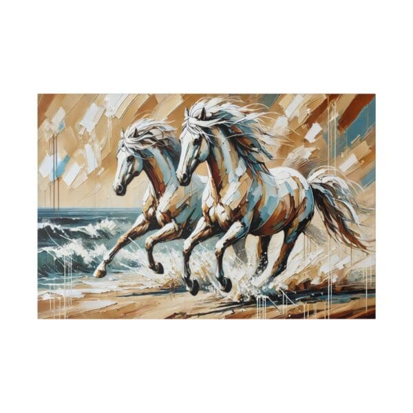 Two white horses running on a beach.