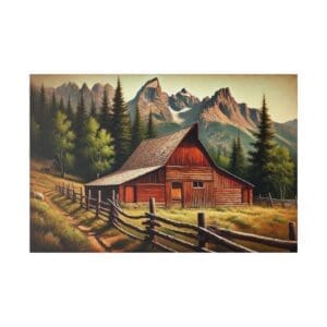 Red barn in mountain valley with fence.