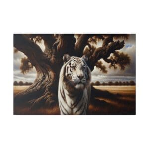 White tiger standing near a large tree.