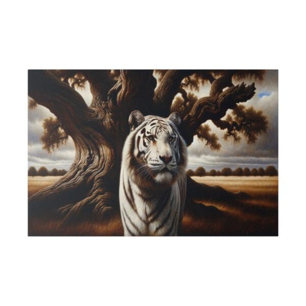 White tiger standing near a large tree.