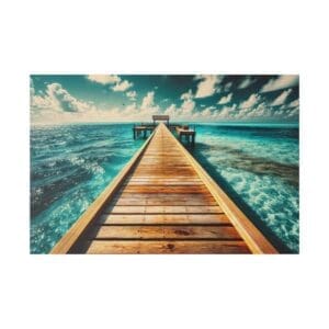 Wooden pier extending into turquoise ocean.