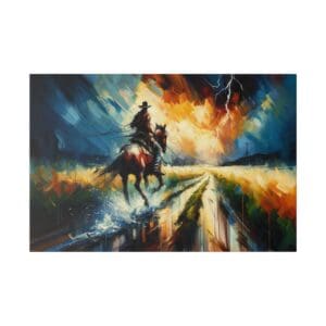 Rider on horse in stormy landscape painting.