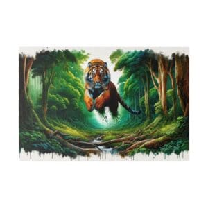 Tiger leaping through a jungle.