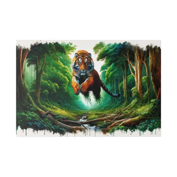 Tiger leaping through a jungle.