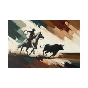 Cowboy on horseback chasing a bull.