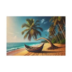 Boat on a tropical beach with palm trees.