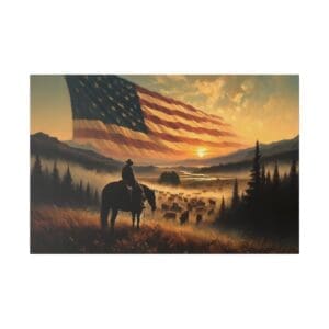 Cowboy riding horse with American flag in sunset.