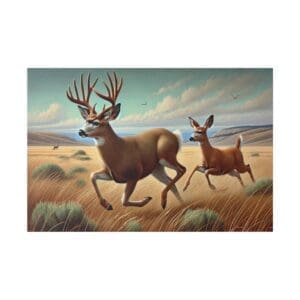Two deer running through a field.