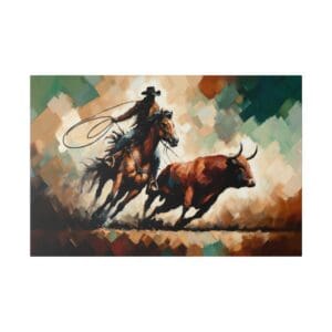 Cowboy lassoing a bull on horseback.