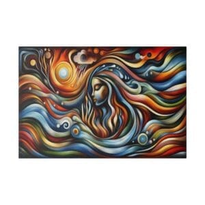 Abstract woman surrounded by colorful swirling patterns.