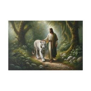 Jesus walks with a white tiger in a forest.