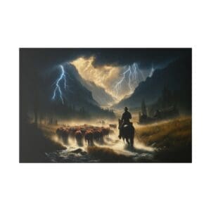 Cowboy herding cattle in stormy mountains.