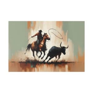 Cowboy on horseback lassoing a bull.